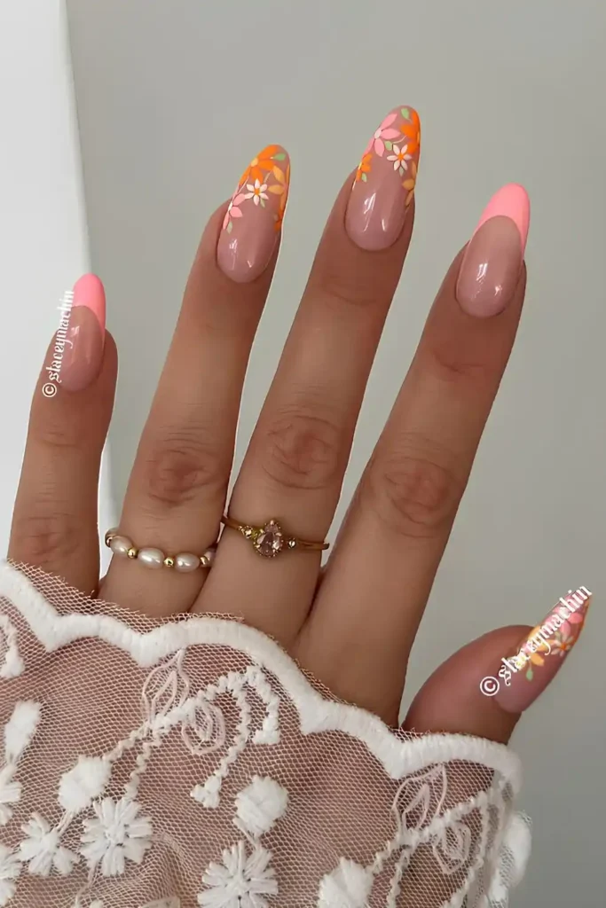 Orange And Pink Floral French Nails