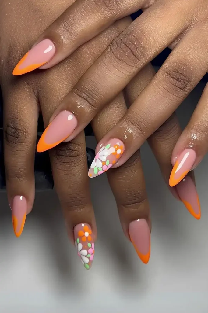 Orange Floral French Manicure