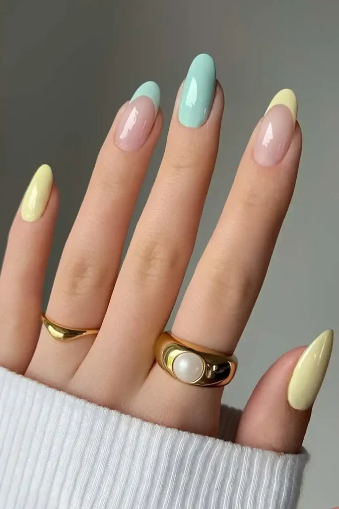 Pastel Blue And Yellow Solid And French Tip Mix Nails