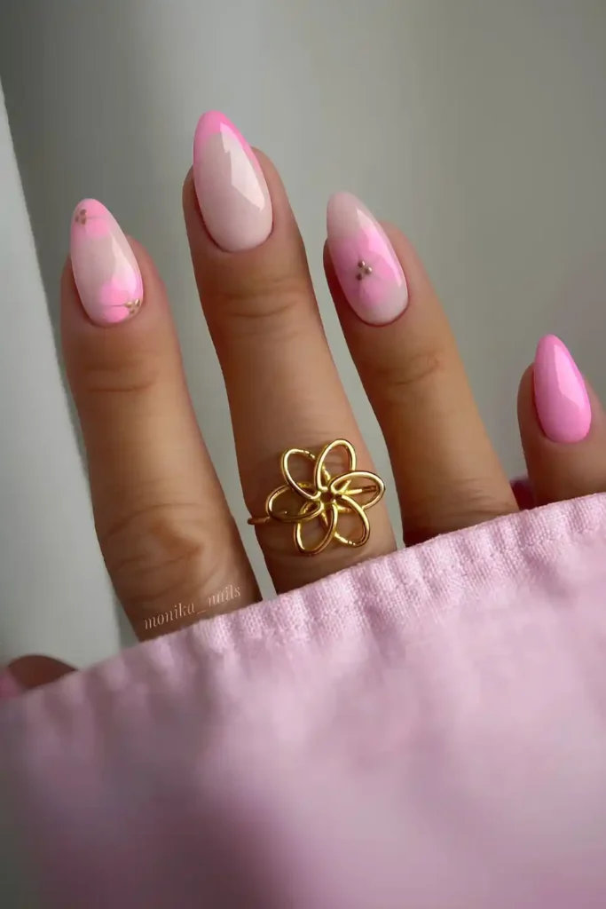 Pastel Pink Nails With Blooming Flower Accents for a Fresh Spring Style