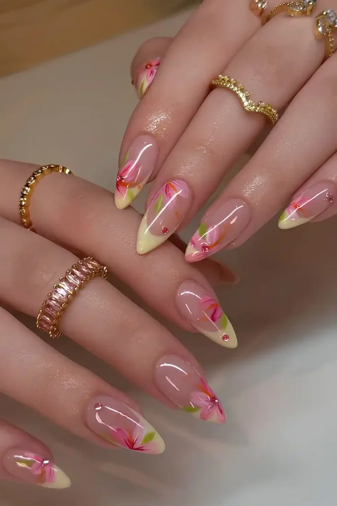 Pastel Yellow French Mani With Pink Flowers