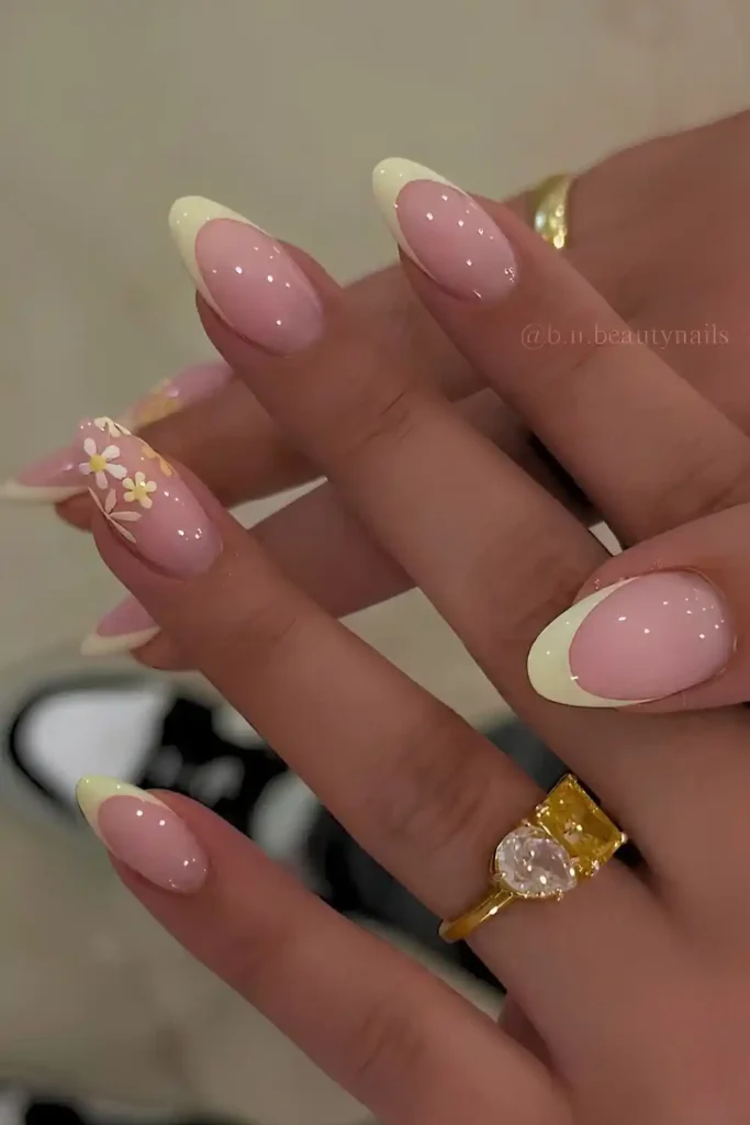 Pastel Yellow French Nails With Florals