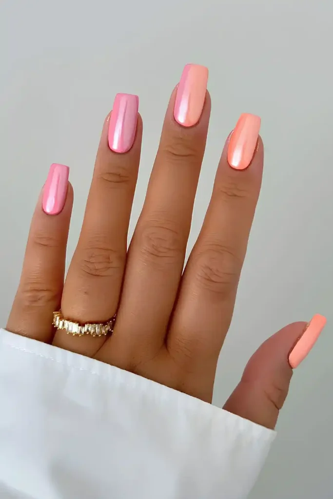 Peach And Pink Chrome Nails