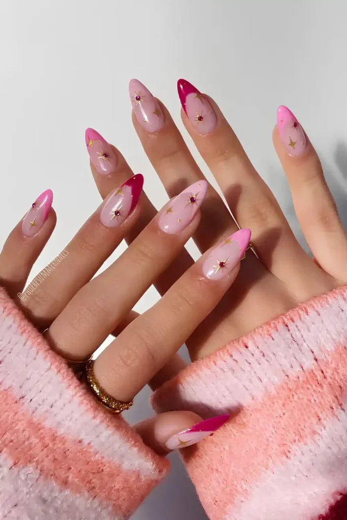 Pink French Nails With Celestial Charms for a Dreamy Look