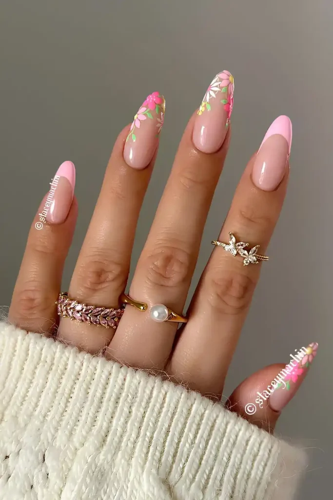Pink French Nails With Colorful Flowers