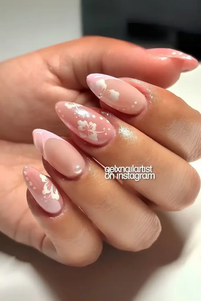 Pink French Nails With Hibiscus Flowers