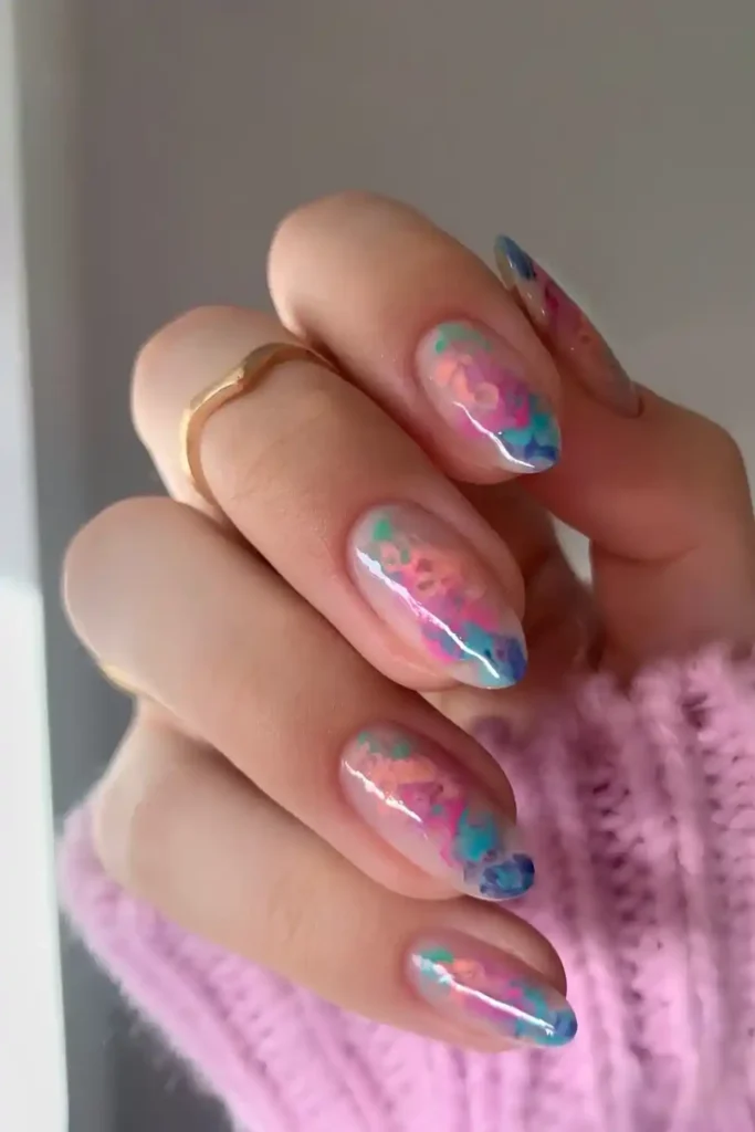 Pink and Blue Marble Mani With an Artistic Finish
