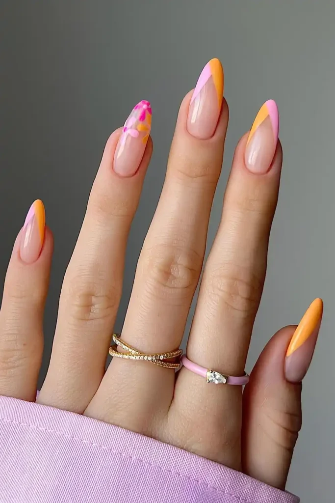 Pink And Orange French Nails With Floral Accent