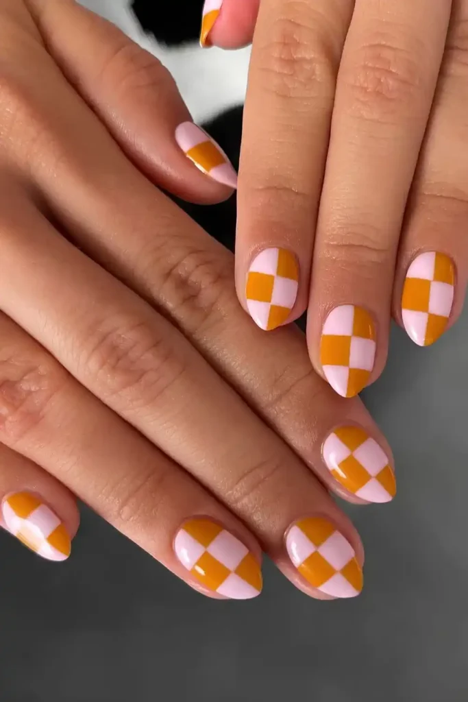 Pink And Orange Checkerboard Mani