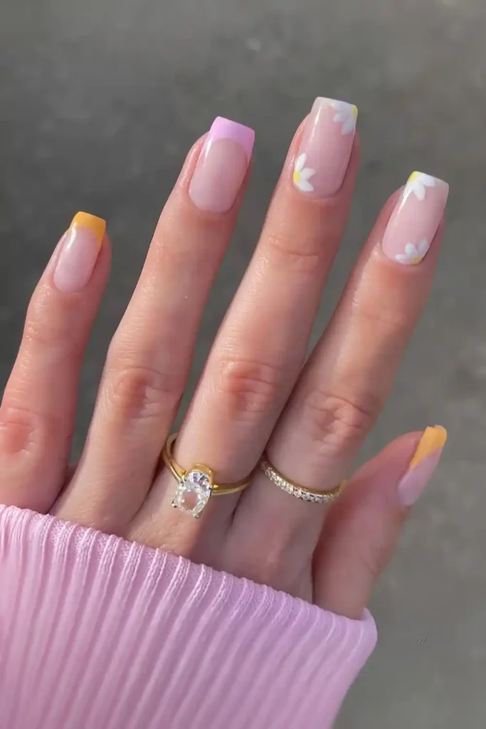 Pink And Orange Daisy Nails