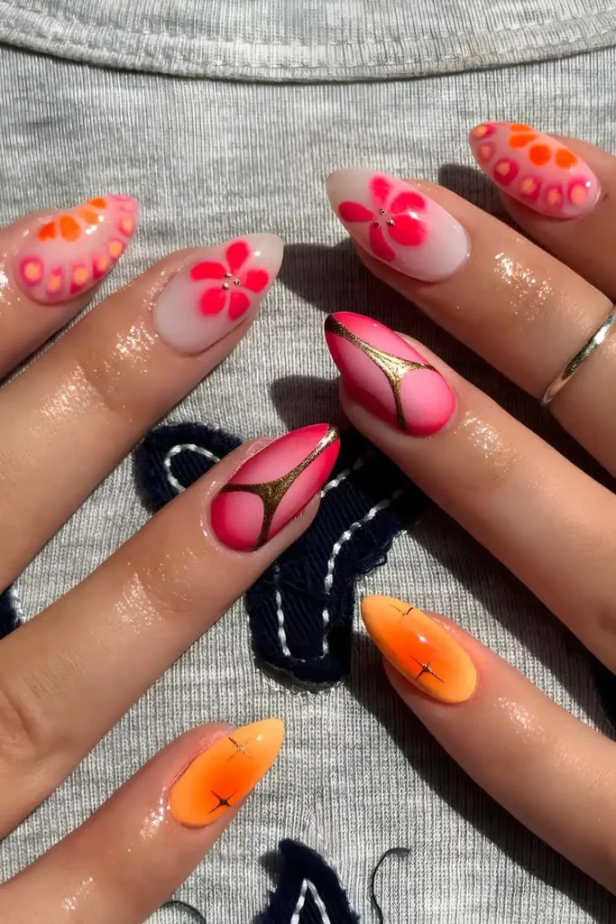 Pink And Orange Mani With Florals And Animal Print
