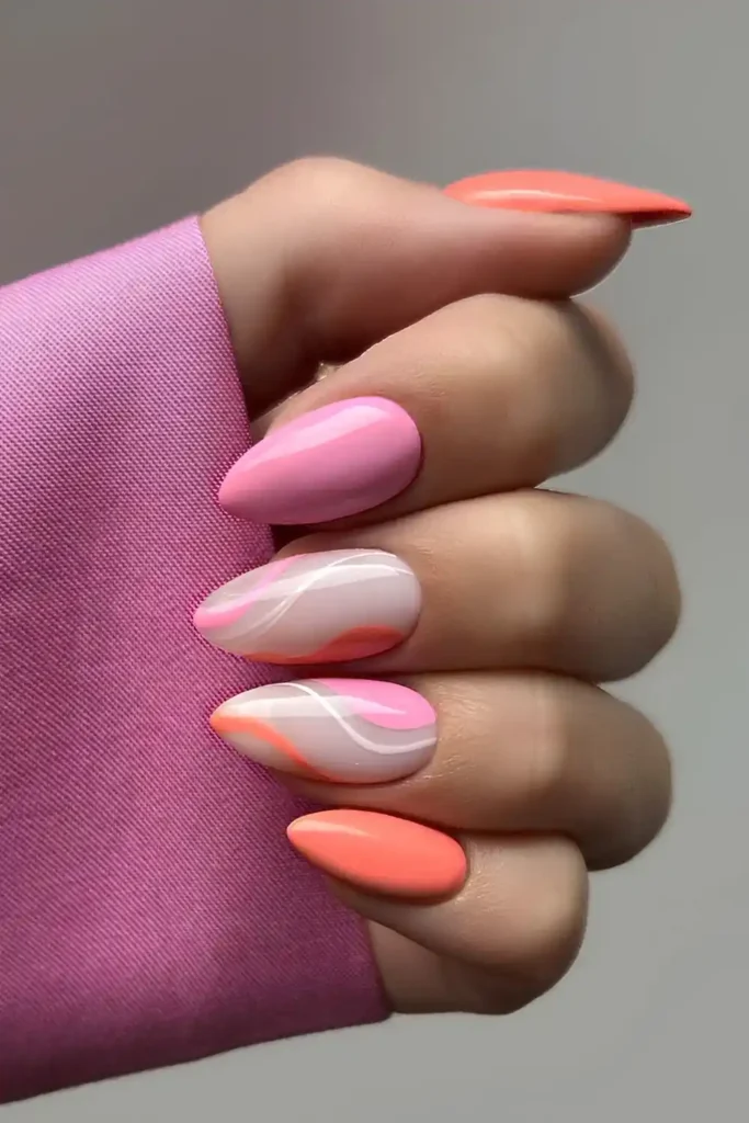Pink And Orange Mani With Line Art
