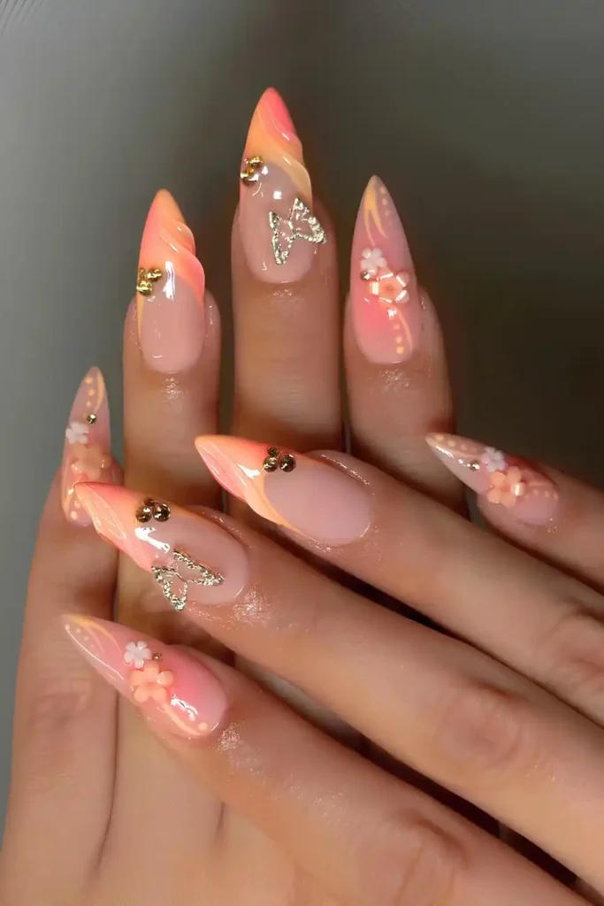 Pink And Orange Nails With Flowers And Butterflies