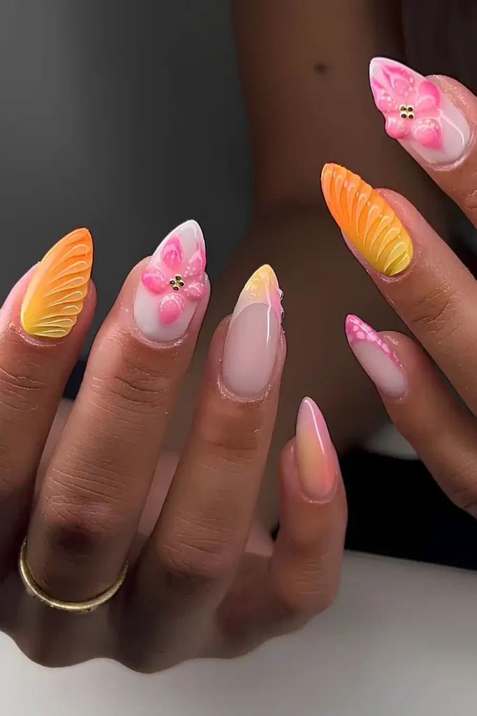Pink And Orange Textured Nails With Florals