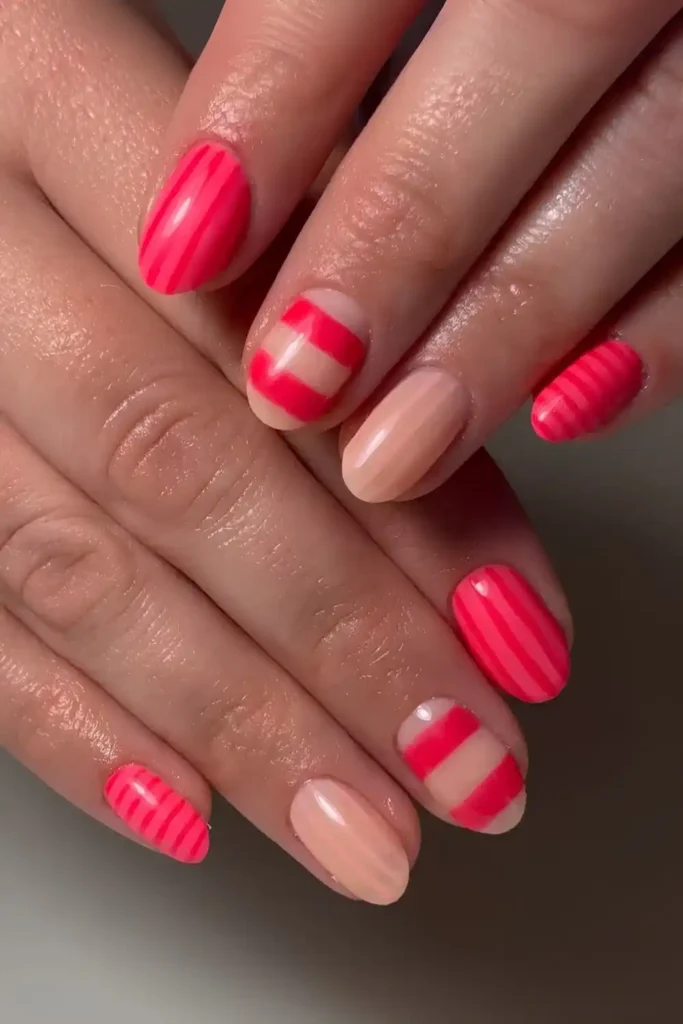 Pink And Red Stripe Art Nails