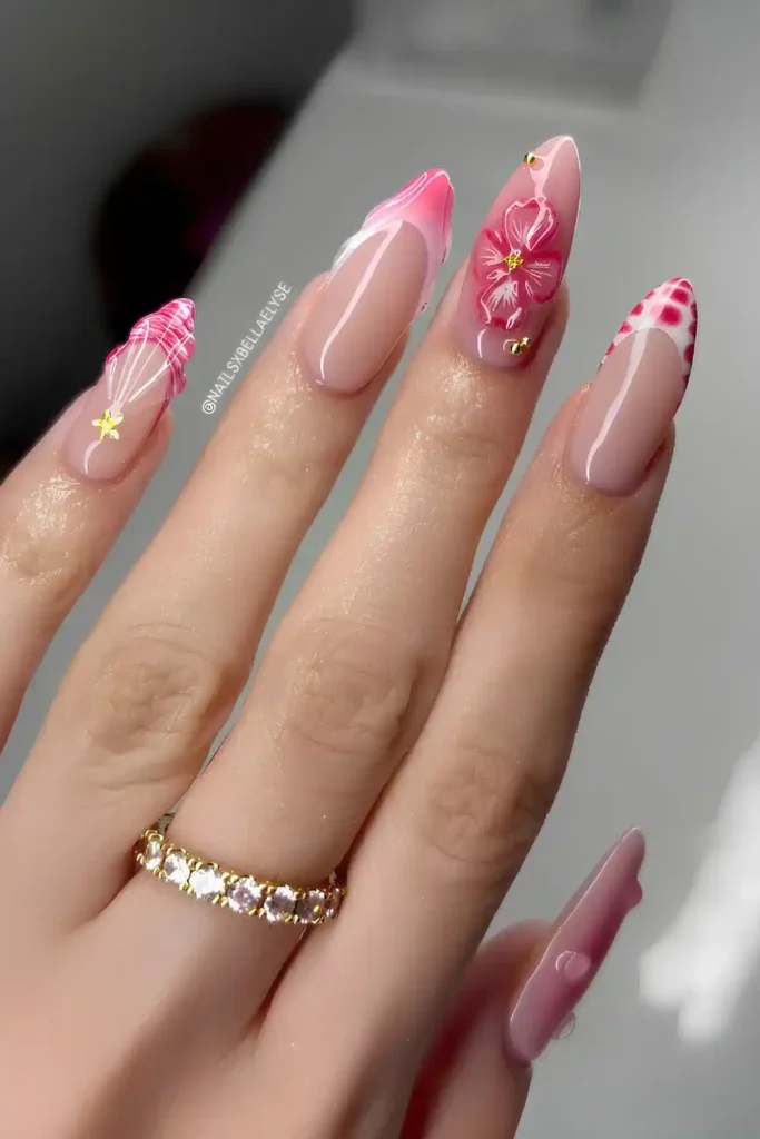 Pink and White Nails With Sculpted Flowers You'll Love