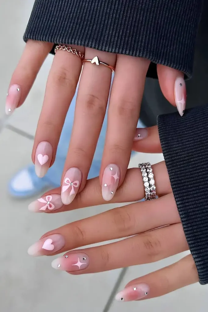 Pink Aura Mani With Bows and Rhinestones for a Glam Finish