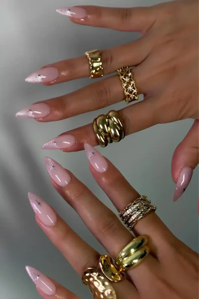 Pink Cat Eye French Mani With Silver Stars That Looks Magical