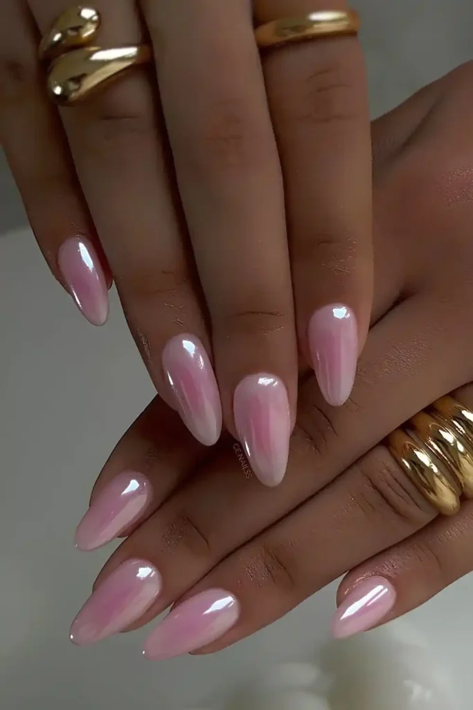 Pink Chrome Mani With 3D Flowers