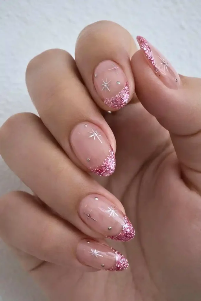 Pink Glitter French Nails With Celestial Art That Shine Beautifully