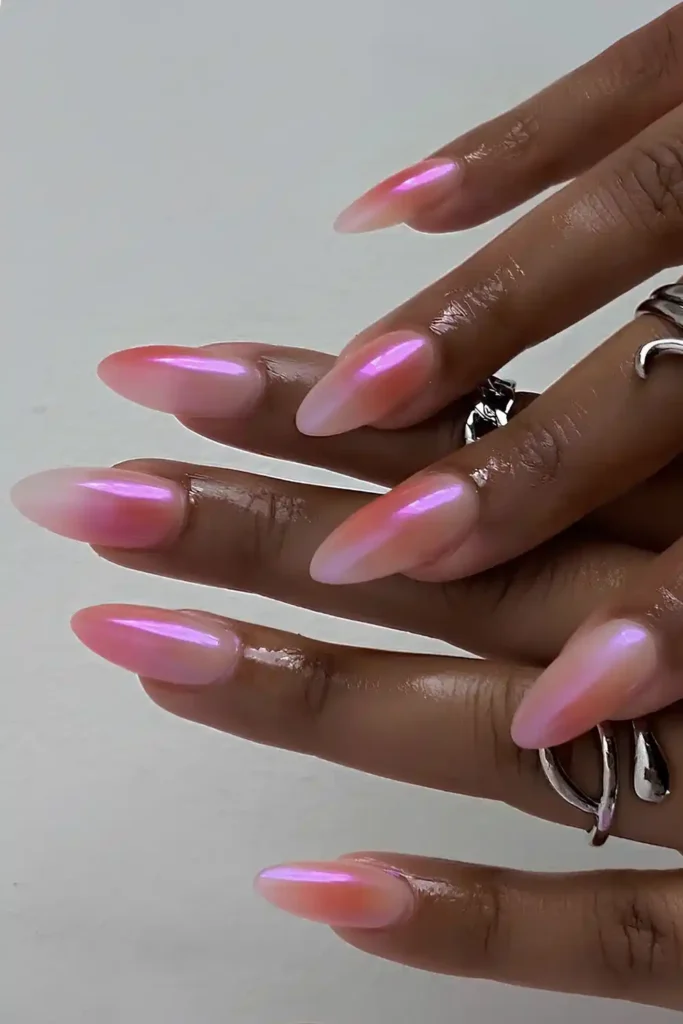 Pink Gradient Nails With A Chrome Finish