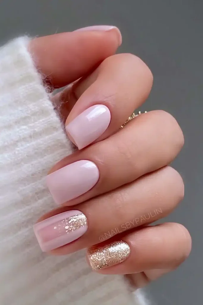 Pink Manicure With Accent Gold Glitter That Adds Instant Glam