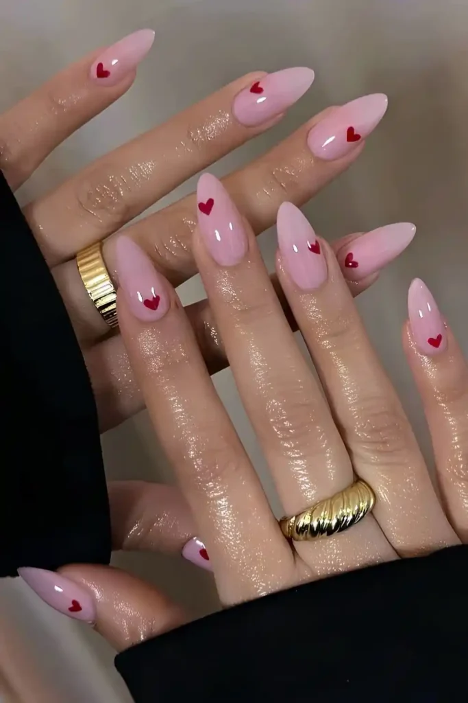 Pink Nails With Red Micro Heart Art for a Cute Romantic Touch