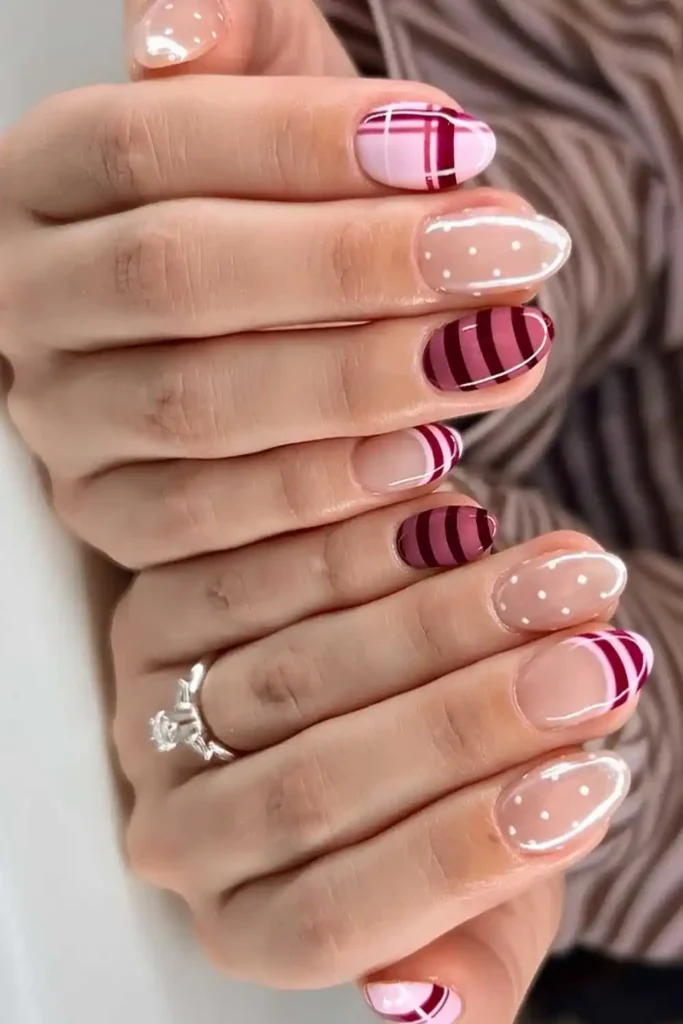 Pink Nails With Stripe and Polka Dot Art That Stand Out