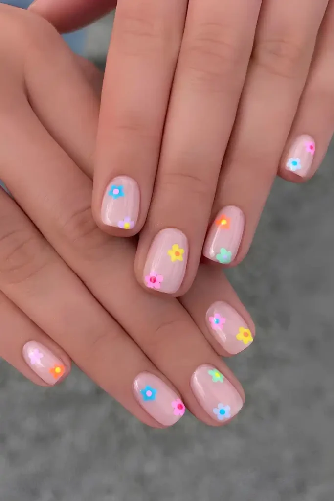 Pink Nails With Tiny Colorful Flowers
