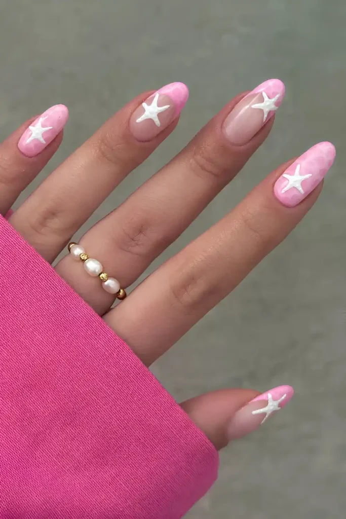 Pink Summer Nails With White Starfish Art for the Perfect Beach Vibes