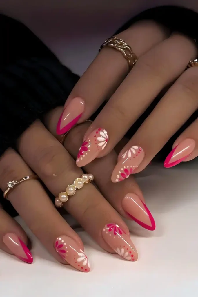 Pointed Hot Pink French Mani With Flowers That Makes a Statement