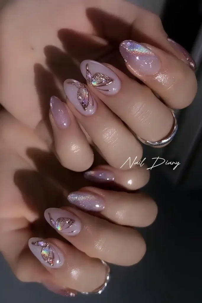 Purple and Pink Cat Eye Nails With Butterflies That Look Magical