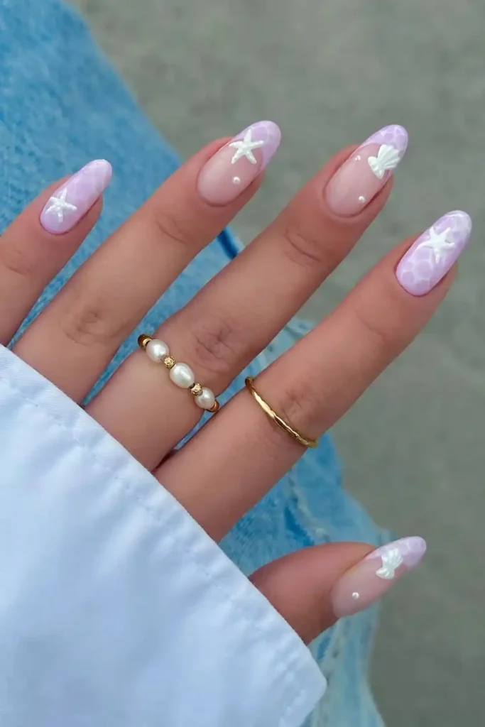 Purple And White Nails With Ocean Inspired Art