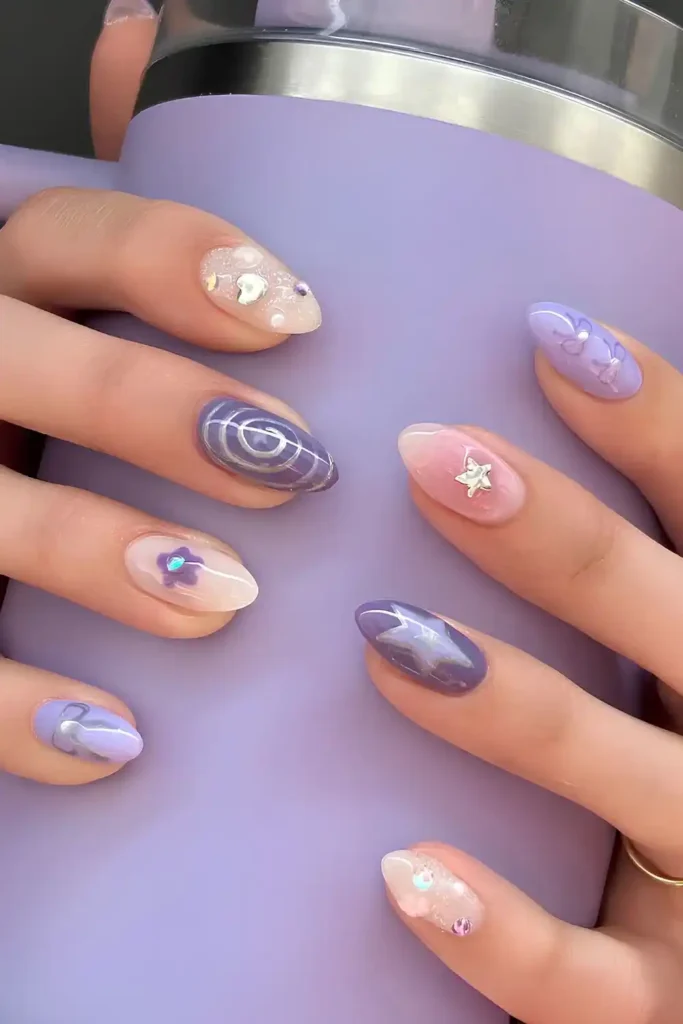 Purple and White Nails With Stars and Bows That Look Magical