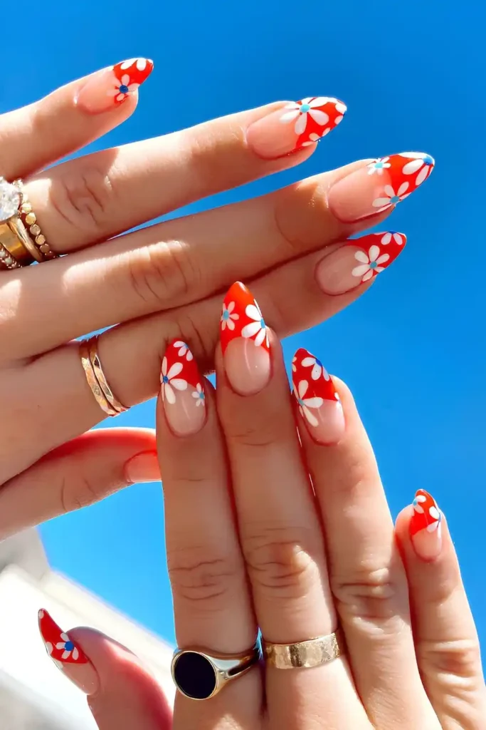Red French Mani With Blue Flowers