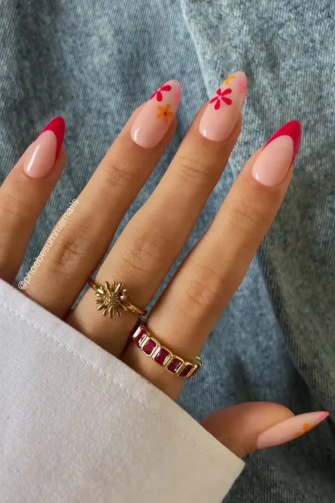 Red French Manicure With Flowers