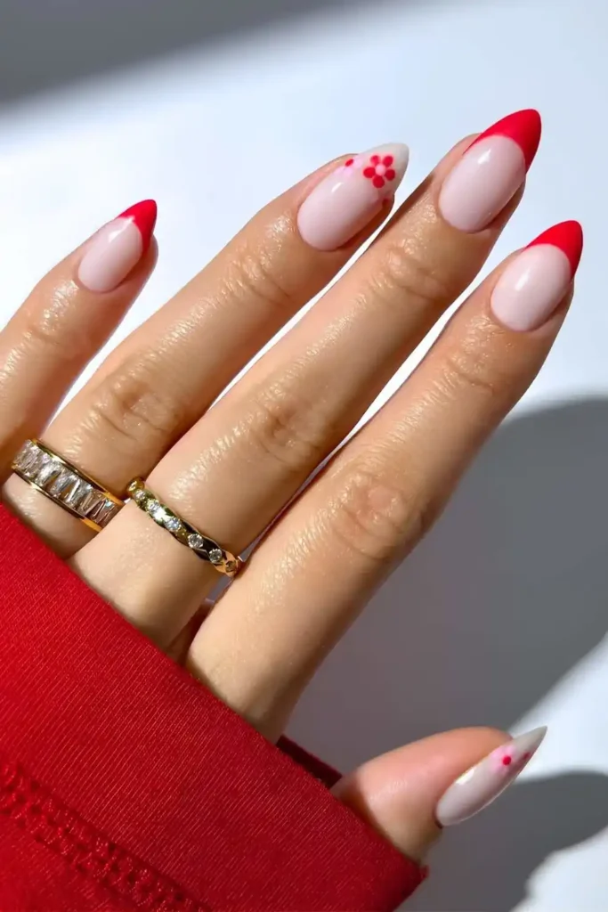 Red French Nails With Tiny Floral Art