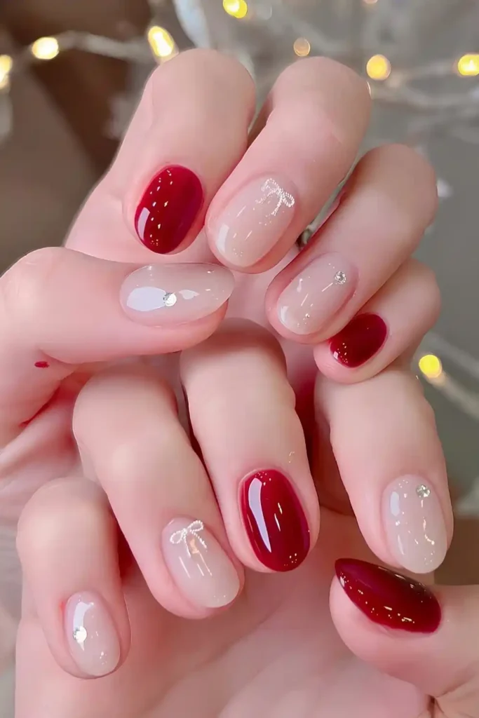 Red And Milky White Mani With Bows