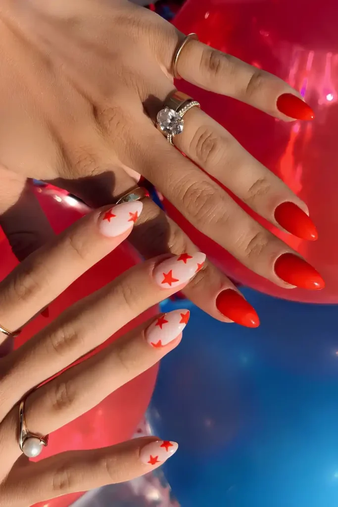 Red And White Nails With Stars
