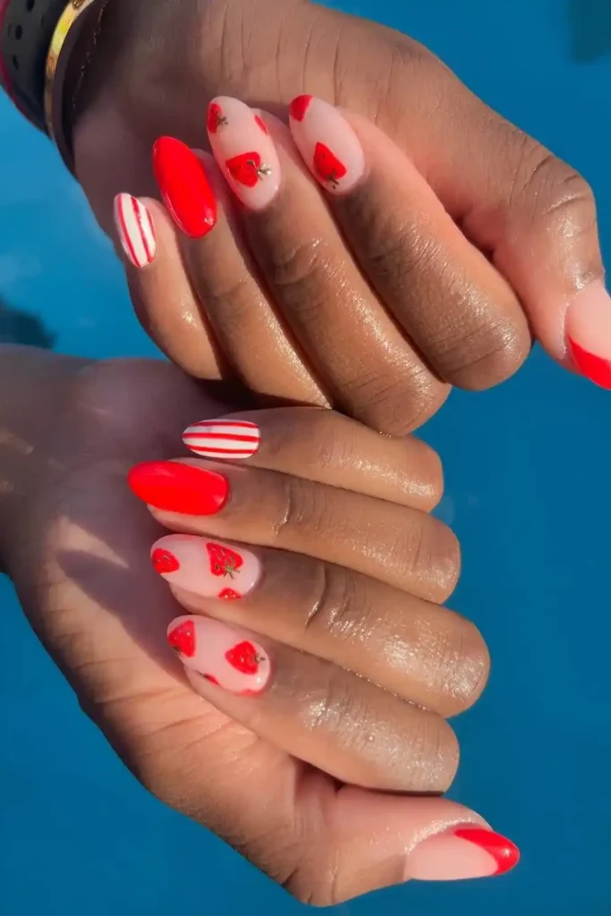 Red Mani With Stripes And Strawberry Art
