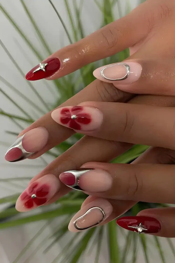 Red Mix And Match Nails With Silver Accents
