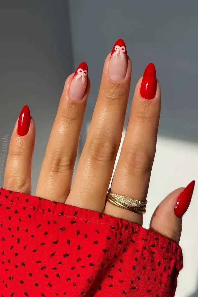 Red Nails With Light Pink Bows