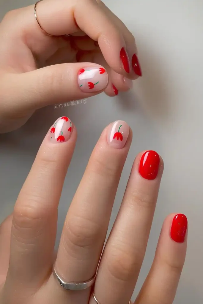 Red Nails With Tiny Tulip Art