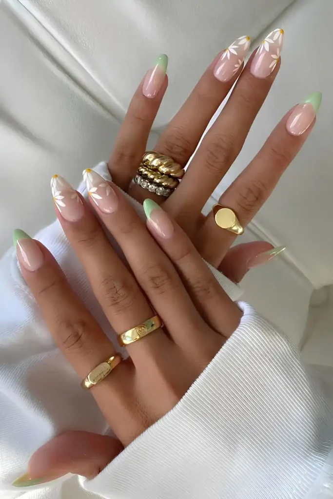 Sage Green French Nails With Daisies for a Fresh Floral Look