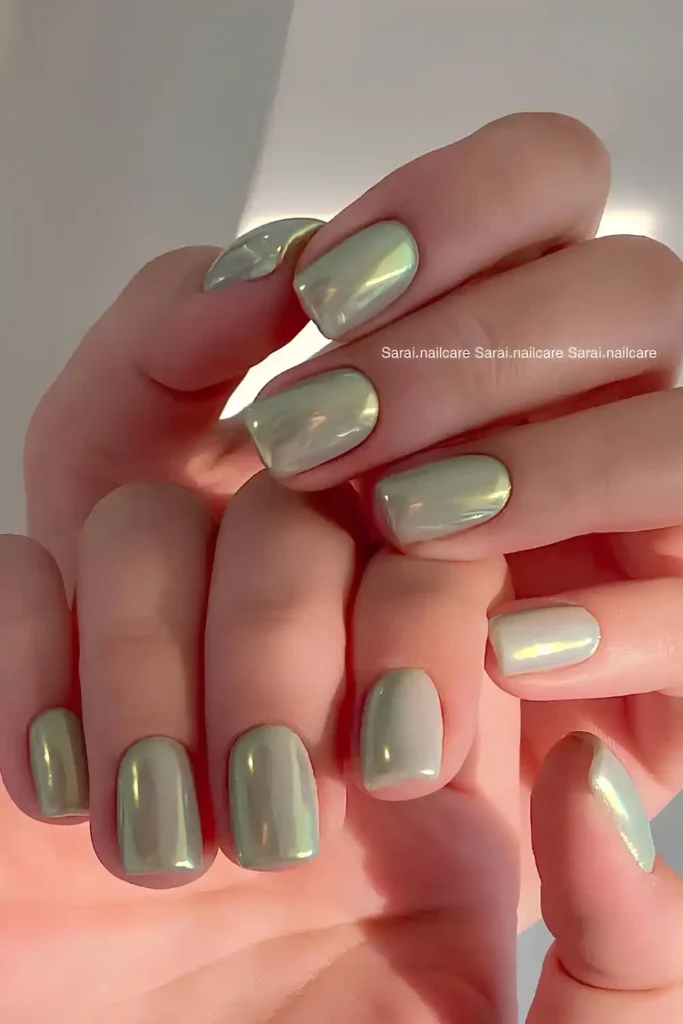 Sage Green Chrome Manicure