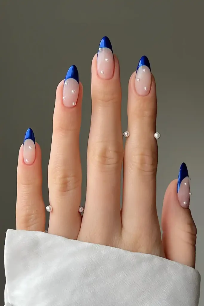 Sapphire Blue French Nails With Accent Pearls