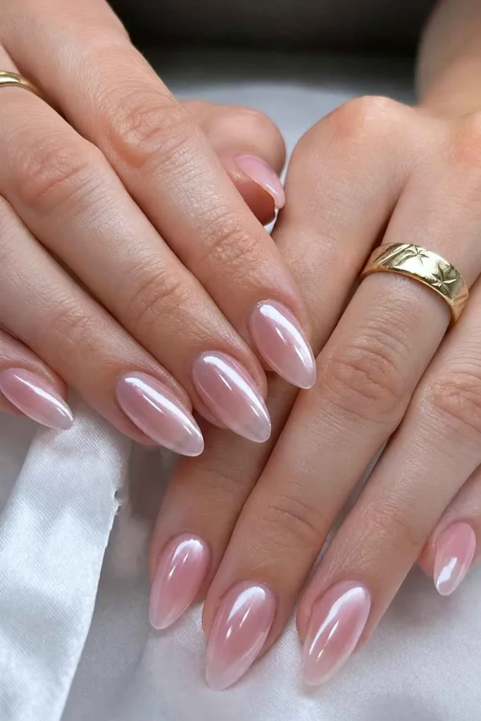 Sheer pink chrome manicure