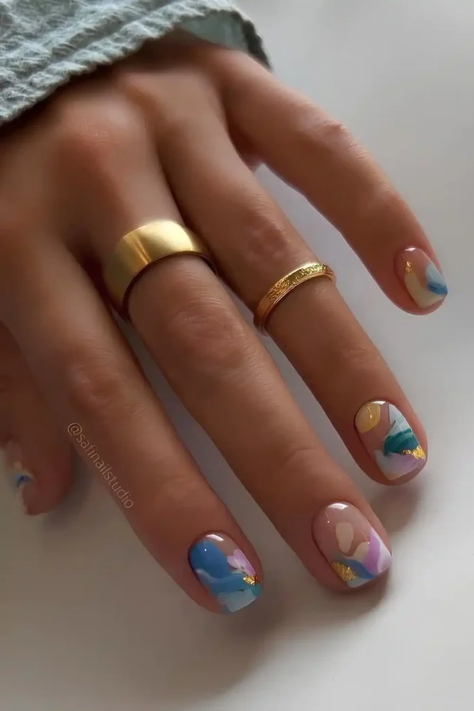 Short Blue And Yellow Abstract Summer Nails