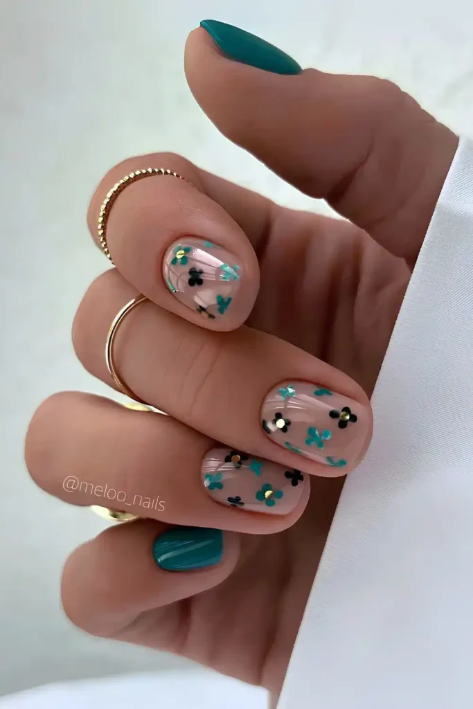 Short Green Floral Nails