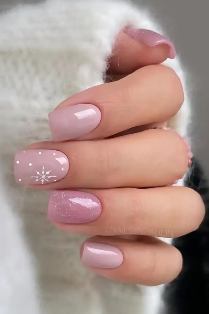 Short Pink Christmas Nails With Snowflakes for a Festive Manicure